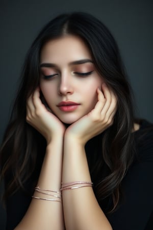 A young woman with long wavy brunette hair rests her head on her clasped hands. She wears a black top and a delicate bracelet on her left wrist. Her expression is soft and contemplative, with natural makeup and subtle pink lipstick. The background is dark and blurred, focusing on her face and hands.