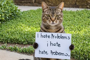 cat holding a sign "I HATE PROBLEMS"