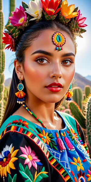  Hyperrealism Latina beauty with flawless skin, intricate details of facial features, and expressive eyes, wearing a traditional embroidered Mexican dress with vibrant colors and intricate patterns, set against a backdrop of a blooming cactus garden under the bright sun, capturing the essence of cultural richness and natural beauty