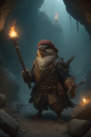 A sparrow in a pirate outfit, leading a sparrow pirates through cave, shouting commands and holding a torch. (masterpiece, award winning artwork) many details, extreme detailed, full of details, Wide range of colors, high Dynamic, Cinematic 