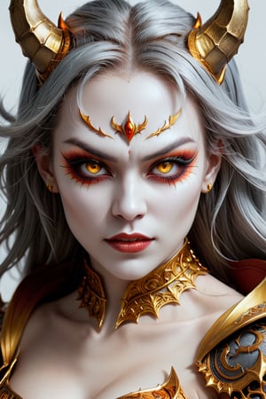 the face of a woman dressed in demon attire, in the style of light gray and light gold, vibrant illustrations, intricately sculpted, realistic hyper-detailed portraits, white and amber, queencore, depicts real life Wide range of colors., Dramatic,Dynamic,Cinematic,Sharp details Insane quality. Insane resolution. Insane details. Masterpiece. 32k resolution