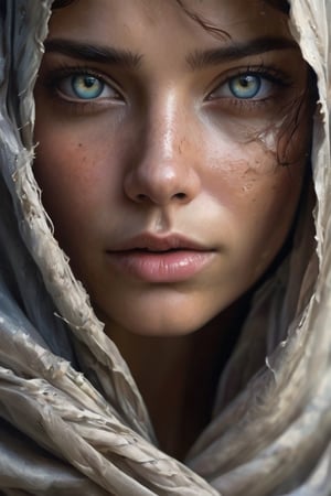 A woman in a post-apocalyptic world with striking (with otherworldly detail and luminosity), captivating, vibrant eyes, only her eyes and part of her nose are visible through the gap in the cloth that covers her face.The image is richly detailed, setting off the vivid detail and bioluminescent luminosity of her eyes, and raw emotions associated with conflict (tears), which are the central focus of the portrait. The overall mood is dark and intense, she is in a war torn country with the cloth torn and disheveled but still exhibits a deep contrast to her eyes adding a layer of mystery and survival  Her face has some marks from evading capture and hiding in destroyed buildings. A Soft lighting casts gentle highlights on her skin and the delicate textures of the cloth, while illuminating the emotion and detail in her eyes to enhance their captivating allure. The composition is intimate, emphasizing the contrast between the dark cloth and her luminous gaze,photo r3al