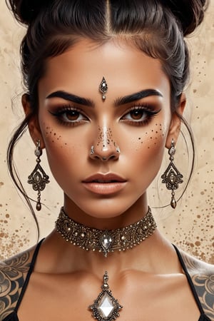 Get ready to be transported to a world of fantasy and beauty with this prompt for a digital illustration. A fierce Spanish lady, with her tanned skin and dark hair, stands proudly in front of a backdrop of beige splatter. The intricate details of her diamond nose stud and tattoo make this piece truly unique and captivating.
