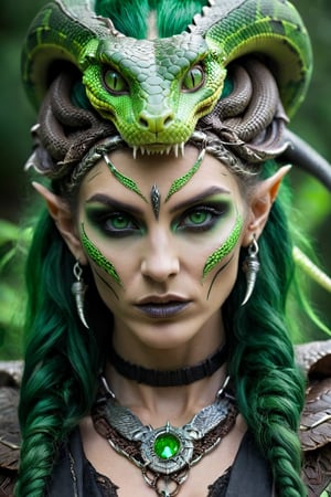 a close up of a woman with a green head and green eyes, beautiful female druid, female humanoid creature, snake woman hybrid, cyberpunk angry gorgeous druid, hot reptile humanoid woman, alien woman, portrait of a female druid, gothic maiden shaman, beautiful necromancer, female alien, portrait of a female necromancer, beautiful female gorgon