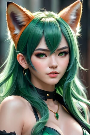 a close up of a woman with green hair and a cat ear, ross tran 8 k, extremely detailed artgerm, artgerm on artstation pixiv, girl with fox ears, deviantart artstation cgscosiety, inspired by WLOP, fanart best artstation, artgerm portrait, artgerm. anime illustration, fantasy concept art portrait