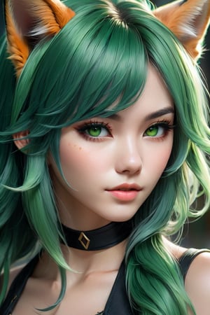 a close up of a woman with green hair and a cat ear, ross tran 8 k, extremely detailed artgerm, artgerm on artstation pixiv, girl with fox ears, deviantart artstation cgscosiety, inspired by WLOP, fanart best artstation, artgerm portrait, artgerm. anime illustration, fantasy concept art portrait