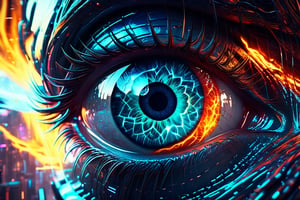 A mesmerizingly luminescent eye, like liquid fire flowing through glowing veins, is depicted in hyperreal detail in this fantasy and sci-fi-inspired image. Utilizing ray tracing and hyper-realistic techniques, the octane render captures a close-up view that feels almost tangible, akin to macro photography. The fiery intensity of the eye is intensified by the intricate detail, creating a visually stunning and immersive experience that transports viewers to a fantastical realm.,glitter,crystalz,DonM3l3m3nt4lXL,Disney pixar style,Cyberpunk,LegendDarkFantasy