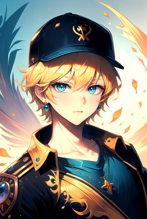 masterpiece, best quality, 1boy, male focus, aqua eyes, baseball cap, blonde hair, closed mouth, hat, jewelry, looking at viewer, shirt, short hair, solo, upper body , A magical kingdom where everything is perfect and everyone is happy
