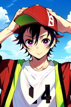 masterpiece, best quality, 1boy, male focus, baseball cap, closed mouth, hat, looking at viewer, shirt, short hair, solo, upper body ,mika pikazo, kamado_tanjirou