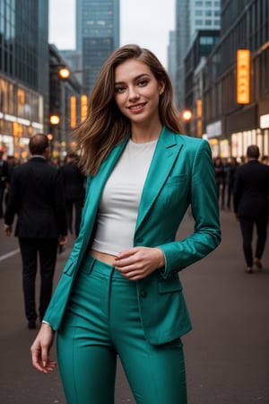 Young woman with model aesthetics capturing a selfie in a vibrant city street. She is dressed in a chic, tailored suit that highlights her slim, athletic build. The suit is a bold, eye-catching color, like emerald green, standing out against the urban backdrop. She is smiling confidently, with the city lights creating a dynamic, colorful background. The camera angle is such that it captures the energy of the city and the elegance of the woman, blending urban chic with high fashion.