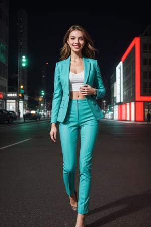 Young woman with model aesthetics capturing a selfie in a vibrant city street. She is dressed in a chic, tailored suit that highlights her slim, athletic build. The suit is a bold, eye-catching color, like emerald green, standing out against the urban backdrop. She is smiling confidently, with the city lights creating a dynamic, colorful background. The camera angle is such that it captures the energy of the city and the elegance of the woman, blending urban chic with high fashion.