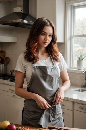 A young woman with a medium-sized bust, a delicate face, and beautiful hair stands in a modern kitchen, preparing a meal. She is wearing a stylish apron over a fitted blouse and tailored pants. The kitchen is filled with natural light, highlighting the sleek countertops, stainless steel appliances, and colorful ingredients. The composition is cinematic, with the woman positioned in the foreground, surrounded by the vibrant colors and textures of the kitchen. The image is rendered with exceptional detail, capturing the texture of the woman's apron, the individual strands of her hair, and the intricate patterns on the ingredients. The overall effect is hyper-realistic, with a focus on capturing the warmth and vibrancy of the home cooking experience.
