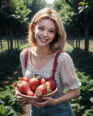 a happy smiling gorgeous blondie female Strawberry Farmer nurturing her just about to crop strawberries in a size of chicken egg at her vast strawberry fihappy smiling led with beautiful background, water well and woods, an epic masterpiece hyper realistic digital art of Frank Bellamy, professional color grading by Kenneth Hines Jr., 80's European Color Comic Style, ,Detailedface
