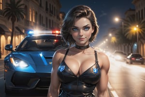 police girl , seductive face , Hot girl , perfect blue eyes ,Leaning on a sports car ,night ,big breast , hot dress, road ,fitness body ,perefect body standing pose, Smile ,muscular leg , short black hair,Cinematic lighting, High detail,leonardo,style,perfecteyes ,detailmaster2,more detail XL,Lady police 