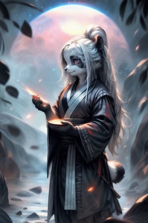by kenket, by totesfleisch8, (by thebigslick, by silverfox5213:0.8), (by syuro:0.2), (by qupostuv35:1.2), (hi-res), ((masterpiece)), ((best quality)), illustration,(anthro, furry,kimono), panda, kungfu panda, animal ears, body fur,1boy, solo,solar eclipse,(((white hair, long hair, loose hair, half ponytail))), pink eyes, red pupils, blind, white fur,(((fantasy scholar outfit))), study room, exposure blend, medium shot, bokeh, furry panda nose, (hdr:1.4), high contrast, (cinematic, white), (muted colors, dim colors, soothing tones:1.3), low saturation, (hyperdetailed:1.2), (noir:0.4), FurryCore