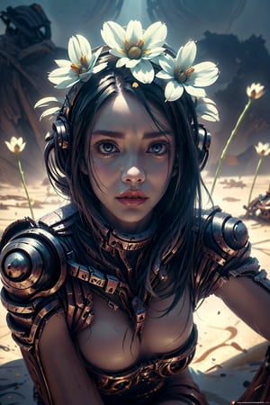 cute girl,gorgeous eyes,,((flower body )), cleavege, ((background of distopian desert)), ((((metal flowers)))), (((wrecked spacecrafts))),realistic realisn, very detailed,soft light, realistic render,4k,((high angle shot)) realism, trending on artstation.,Detailedface,Detailedeyes,Wlop