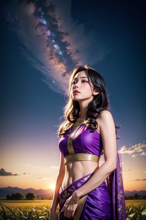 I girl, standing in a corn field, Princess saree,windy Twilight, Star in sky, the girl gazing the stars, (seeing sky:1.1),purple shade tone sky, realistic, very detailed, High quality background, dreamy like image, flawless beautiful pictures,mood setting aura,( low agle shot:1.2),Detailedface,Detailedeyes