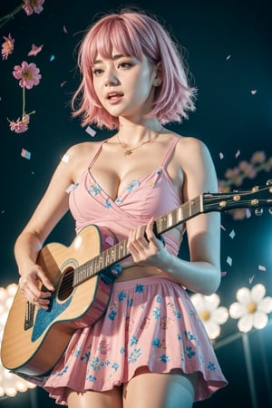 Cute girl,beautiful girl, beach wear,(blue mini skirt), visible panty,(cleavage :1.2), cute face, singing,((playing guitar)),(short pink hair :1.3), detailedface,pastels,(flowers falling from top :1.5), stage , colorful lights, crowd , realistic realism, photography,Niko,ambient light, soft lighting,4k,raw,perfecteyes.,1girl,sciamano240,renaissance,march 7th \(honkai: star rail\)