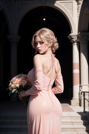 (Masterpiece:1.1),( best quality 1.2),1girl,18 old blonde, hourglass body ,slim, perfect, cleavage,( peach pink halter neck dress :1.3) (detached sleeve:1.2),bride standing ,holding Bridal Bokeh bouquet Flower, (intricate designed arch:1.3),hand (peach pink colour,smooth tone, muted color :1.4),realistic, realism, Ultrahd,4k,(decorated stage on beach background 1.8), sunshine from behind,4k , realistic photography, realistic like, raw image , HDR,(flim noir1.3),blurry_light_background,Detailedface,Detailedeyes,solo,breasts