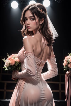 (Masterpiece:1.1),( best quality 1.2),1girl,18 old blonde, hourglass body ,slim, perfect, cleavage, medium closeup shot,( peach pink halter neck dress :1.3) (detached sleeve:1.2),bride standing ,holding Bridal Bokeh bouquet Flower, (intricate designed arch:1.3),hand (peach pink colour,smooth tone, muted color :1.4),realistic, realism, Ultrahd,4k,(decorated stage on beach background 1.8), sunshine from behind,4k , realistic photography, realistic like, raw image , HDR,(flim noir1.3),blurry_light_background,Detailedface,Detailedeyes,solo,breasts