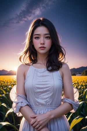 I girl, standing in a corn field,windy Twilight, Star in sky, the girl gazing the stars, purple shade tone, realistic, very detailed, High quality background, dreamy like image, flawless beautiful pictures,mood setting aura