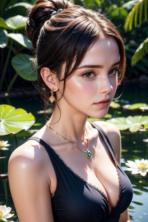 (Emma Watson:1.1), gorgeous, bathing in a pond, sheer royal paste color dress, cleavage, (wearing ornaments:1.3), round crystal pendant the pond full of lotus:1.3, the pond sorrounded by magical Jungle without birlds and butterflies, the shot  is flim style, cinematic, vivid color,8k resolution, hyperrealistic, detailed face detailedskin , the background show be flawless beautiful, flawless images,(closeup shot:1.2)