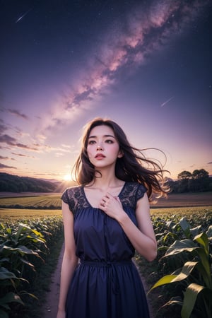 I girl, standing in a corn field,windy Twilight, Star in sky, the girl gazing the stars, seeing sky,(purple shade tone sky:1.1), realistic, very detailed, High quality background, dreamy like image, flawless beautiful pictures,mood setting aura