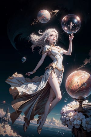 Realistic fantasy, High quality, Ultra Realistic,HDR,8K, High resolution, potrait photography, masterpiece, insanely detail, very detailed face and body, 1girl, ((full body floating in sky)), flowy dress, ((floating color bubbles)), colorful, short_skirt,sky, stars, celestial body, planets far away, atmosphere, (dreamy world:1.4), cinematic shot, low angle shot, High contrast, smooth,color+vaze,Florentino,1girl,blurry_light_background