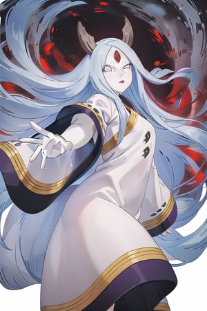 masterpiece,best quality,highly detailed,ultra-detailed,an extremely delicate and beautiful,masterpiece,1girl, solo,kaguya,mature female,  long hair, absurdly long hair, third eye,horns,  pale skin,white short eyebrows,  otsutsuki kimono, perfect eyes,floating hair, sexy pose, High quality 7k, High resolution ,fully_clothed