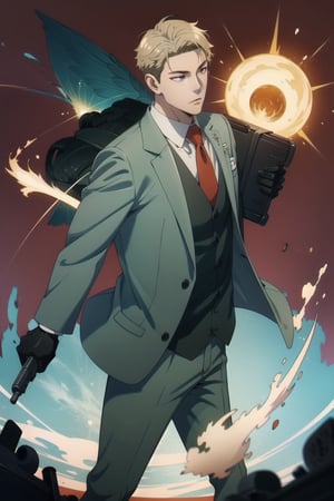 Mrs forger,male focus, 1boy, twilight \(spy x family\), expressionless, closed mouth,short blonde hair, formal, green suit, red necktie, green pants, black gloves, anime version ,4k resolution, High quality High resolution, anime style , holding  AK—47 gun in hand