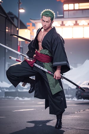 solo, male focus, 1boy, roronoa zoro, scar, muscular male, left eye closed, scar across left eye, japanese clothes, green kimono, full_body, anime style , anime version,with his three sword,serious face, fighting style pose,4k,3k,4k resolution,high_resolution,High quality,normal face 