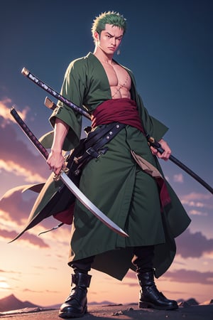 solo, male focus, 1boy, roronoa zoro, scar, muscular male, left eye closed, scar across left eye, japanese clothes, green kimono, full_body, anime style , anime version,with his three sword,serious face, fighting style pose,4k,3k,4k resolution,high_resolution,High quality,normal face , fighting pose 