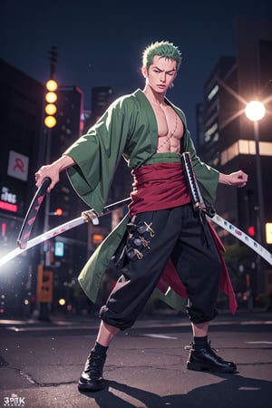 solo, male focus, 1boy, roronoa zoro, scar, muscular male, left eye closed, scar across left eye, japanese clothes, green kimono, full_body, anime style , anime version,with his three sword,serious face, fighting style pose,4k,3k,4k resolution,high_resolution,High quality,normal face , fighting pose ,face similar to anime 