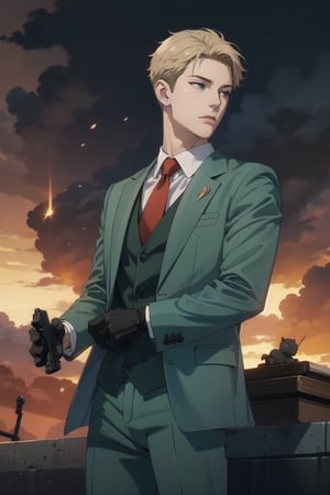 Mrs forger,male focus, 1boy, twilight \(spy x family\), expressionless, closed mouth,short blonde hair, formal, green suit, red necktie, green pants, black gloves, anime version ,4k resolution, High quality High resolution, anime style , holding  AK—47 gun
