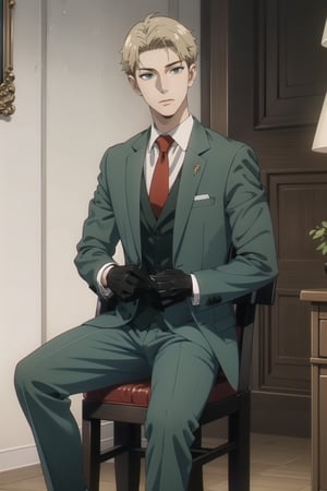 Mrs forger,male focus, 1boy, twilight \(spy x family\), expressionless, closed mouth, looking at viewer, sitting, holding gun, short blonde hair, formal, green suit, red necktie, green pants, black gloves, anime version ,4k resolution, High quality High resolution, anime style 