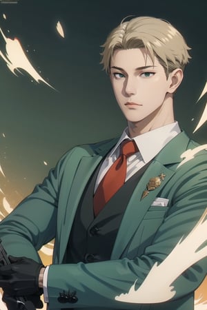 Mrs forger,male focus, 1boy, twilight \(spy x family\), expressionless, closed mouth,short blonde hair, formal, green suit, red necktie, green pants, black gloves, anime version ,4k resolution, High quality High resolution, anime style , carrying AK—47 gun
