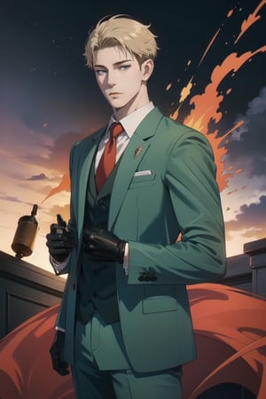 Mrs forger,male focus, 1boy, twilight \(spy x family\), expressionless, closed mouth,short blonde hair, formal, green suit, red necktie, green pants, black gloves, anime version ,4k resolution, High quality High resolution, anime style ,holding_gun