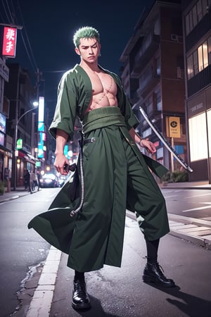 solo, male focus, 1boy, roronoa zoro, scar, muscular male, left eye closed, scar across left eye, japanese clothes, green kimono, full_body, anime style , anime version,with his three sword,serious face, fighting style pose,4k,3k,4k resolution,high_resolution,High quality ,good art work ,normal face 