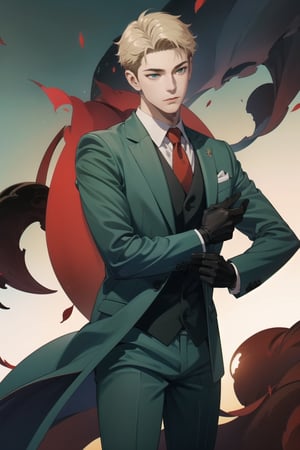 Mrs forger,male focus, 1boy, twilight \(spy x family\), expressionless, closed mouth,short blonde hair, formal, green suit, red necktie, green pants, black gloves, anime version ,4k resolution, High quality High resolution, anime style ,holding AK—47