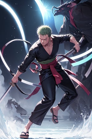 solo, male focus, 1boy, roronoa zoro, scar, muscular male, left eye closed, scar across left eye, japanese clothes, green kimono, full_body, anime style , anime version,with his three sword,serious face, fighting style pose,4k,3k,4k resolution,high_resolution,High quality,normal face , fighting pose ,face similar to anime , using asura power 