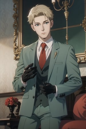 Mrs forger,male focus, 1boy, twilight \(spy x family\), expressionless, closed mouth, looking at viewer, sitting, carrying gun  , short blonde hair, formal, green suit, red necktie, green pants, black gloves, anime version ,4k resolution, High quality High resolution, anime style 