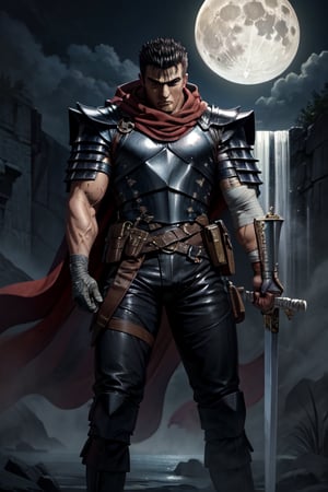 masterpiece, best quality, highly detailed, guts, 1boy, armor, bandages, black hair, cape, full moon, huge weapon, male focus, manly, moon, multicolored hair, one eye closed, scar, solo, sword, weapon, white hair, waterfall  ,high_resolution, 4k, good AI IMAGES ,high_quality