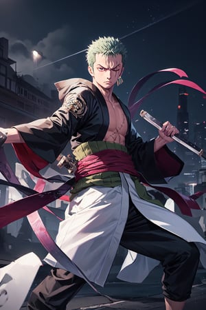 solo, male focus, 1boy, roronoa zoro, scar, muscular male, left eye closed, scar across left eye, japanese clothes, green kimono, full_body, anime style , anime version,with his three sword,serious face, fighting style pose,4k,3k,4k resolution,high_resolution,High quality,normal face , fighting pose ,face similar to anime , using asura mode