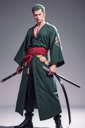 solo, male focus, 1boy, roronoa zoro, scar, muscular male, left eye closed, scar across left eye, japanese clothes, green kimono, full_body, anime style , anime version,with his three sword,serious face, fighting style pose,4k,3k,4k resolution,high_resolution,High quality , nice face,nice body ,good art work , nice eyes, nice nose,nice mouth, nice lips,