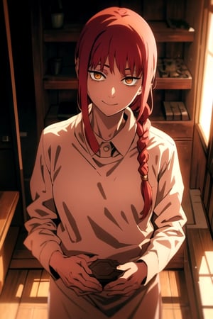 makima \(chainsaw man\), wearing Indian clothes, best quality, ultra detailed, 1girl, solo, standing, red hair, long braided hair, golden eyes, , medium breasts, stare, smile, ((1girl)), bottomless, beautiful, masterpiece, best quality, makima \(chainsaw man\)