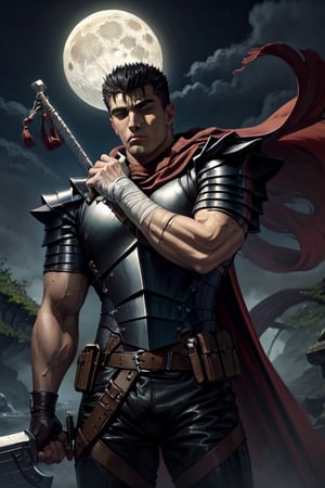 masterpiece, best quality, highly detailed, guts, 1boy, armor, bandages, black hair, cape, full moon, huge weapon, male focus, manly, moon, multicolored hair, one eye closed, scar, solo, sword, weapon, white hair, waterfall  ,high_resolution, 4k, good AI IMAGES ,high_quality