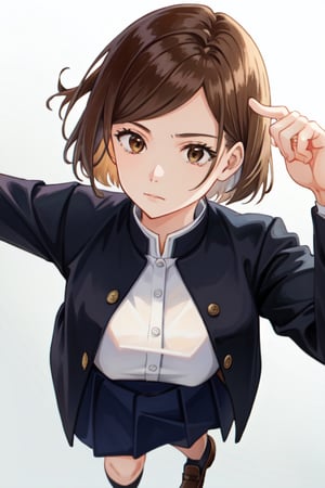 kugisaki nobara, closed mouth, brown eyes, school uniform, short hair, jacket, upper body, 1girl, lips, brown hair, solo , Full body 