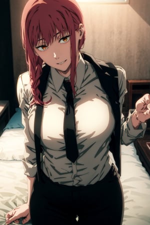 1girl, room, bed, sexy shirt, tie, sexy black trousers, Full HD, sexy pose, good detail ,makima \(chainsaw man\)