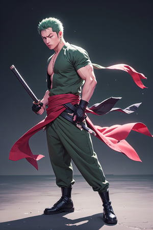solo, male focus, 1boy, roronoa zoro, scar, muscular male, left eye closed, scar across left eye, japanese clothes, green kimono, full_body, anime style , anime version,with his three sword,serious face, fighting style pose,4k,3k,4k resolution,high_resolution,High quality,normal face , fighting pose ,face similar to anime 