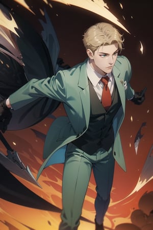Mrs forger,male focus, 1boy, twilight \(spy x family\), expressionless, closed mouth,short blonde hair, formal, green suit, red necktie, green pants, black gloves, anime version ,4k resolution, High quality High resolution, anime style ,holding weapons 